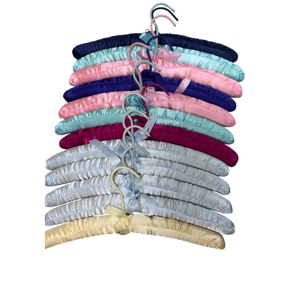 Lot of 12 Satin Padded Clothes Hangers Multicolor with Bow Accents - Picture 3 of 10